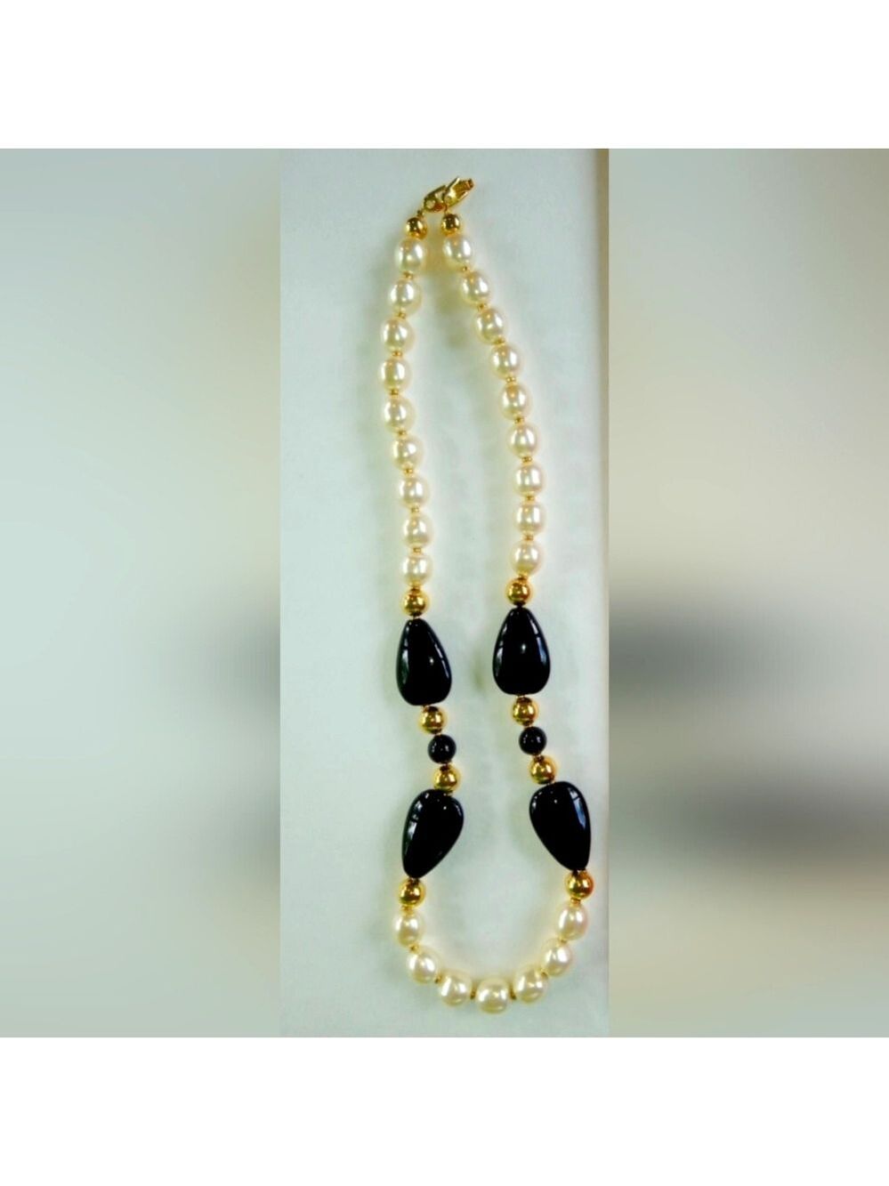 Napier Signed Faux Baroque Pearl With Black and Gold Tone Beads Necklace